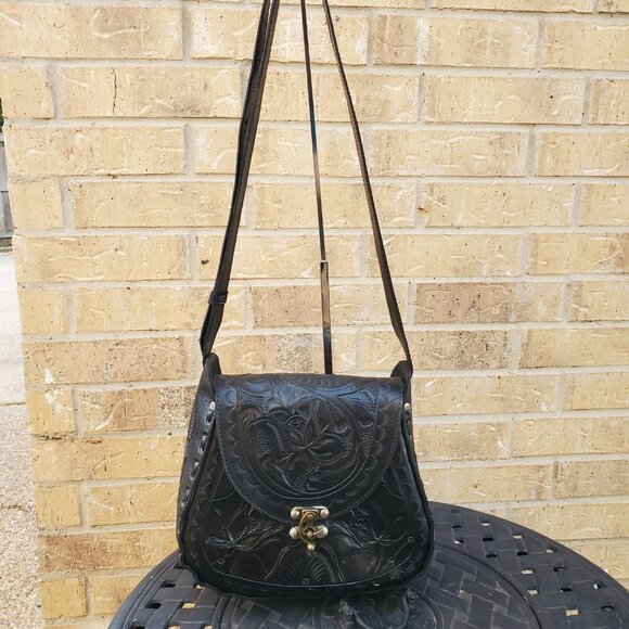 Mexican Hand Tooled Black Leather Bag - Picture 2 of 13